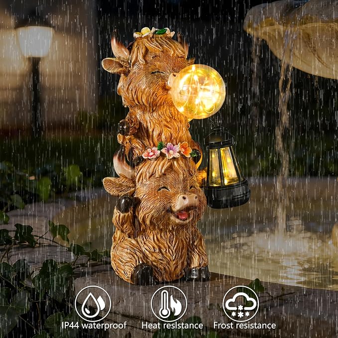 Joint Honglin Solar Highland Cow Garden Statue, Cute Resin Outdoor Decor with Glowing Lantern & Light-Up Bubble, Waterproof Solar Yard Ornament for Lawn, Patio & Garden Decorative Gift (Brown Cow)