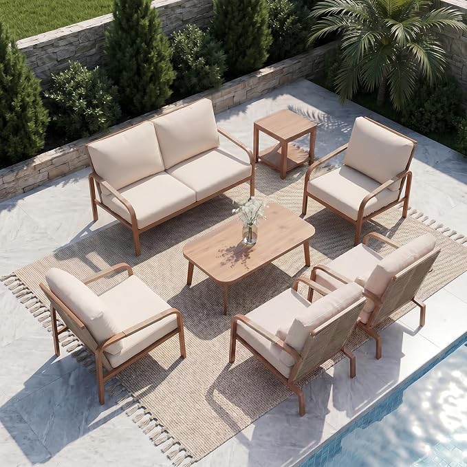7-Piece Aluminum Outdoor Patio Furniture Set, Modern Conversation Set with Sofa, Loveseat, Chairs, Coffee Tables & Washable Cushions for Backyard Garden Balcony Deck