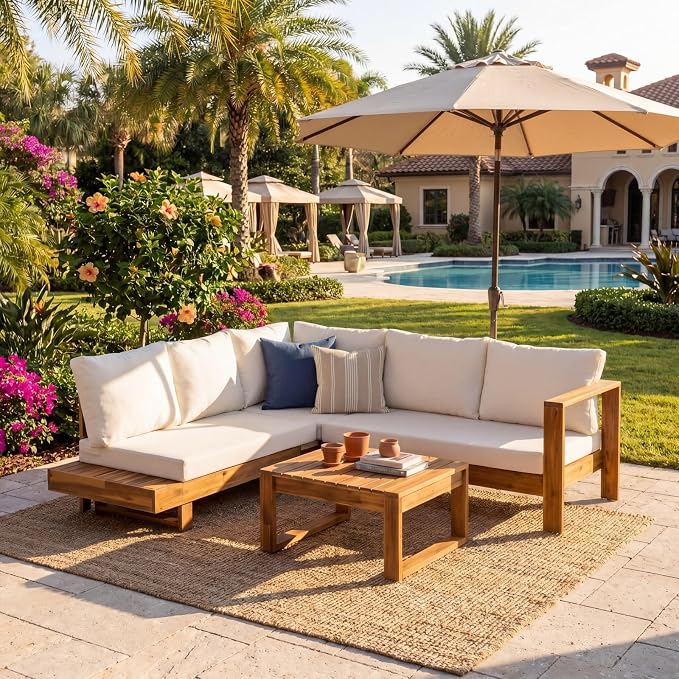 4-Piece Patio Furniture Set, Outdoor Conversation Set with Acacia Wood, Thick Washable Cushions, All-Weather Patio Seating for Backyard, Garden and Poolside(B-Beige)