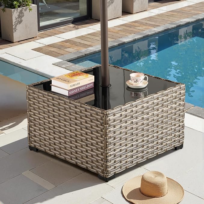 HOOOWOOO Outdoor Patio Side Table with Umbrella Hole,Wicker Coffee End Table Glass Top,Umbrella Table with 1.64" and 2" Hole for Yard,Deck,Porch,Garden(Rectangle Brown)