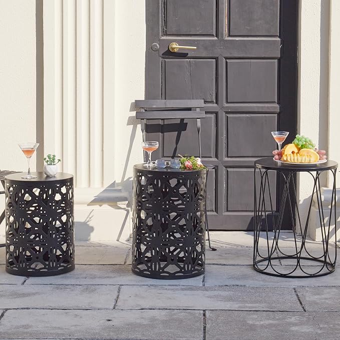 Y&M Set of 3 Metal Round Patio Side Tables, Multifunctional Coffee Table End Table for Indoor & Outdoor Garden Stool Modern Design -Black