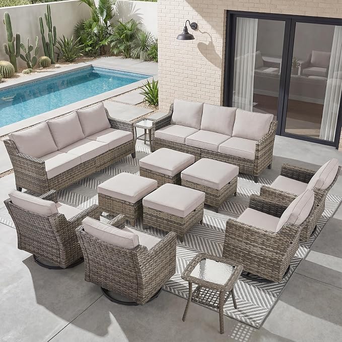 Belord Patio Wicker Swivel Rocker Patio Chairs with 3-Seater Sofa, Outdoor Rattan Chairs for Deck Porch Poolside, 12 Piece Patio Conversation Furniture Set,Beige