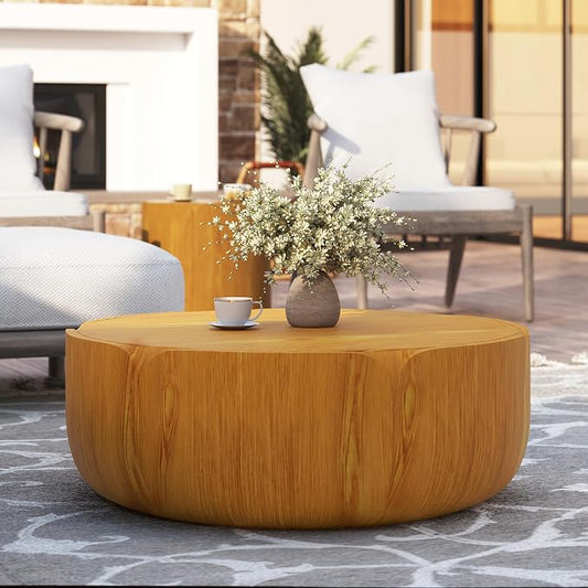 35.63" Round Outdoor Indoor Coffee Table - Modern Wood Grain Drum Center Table, Sturdy MGO Waterproof, No-Assembly Table for Patio, Garden, Backyard, Living Room