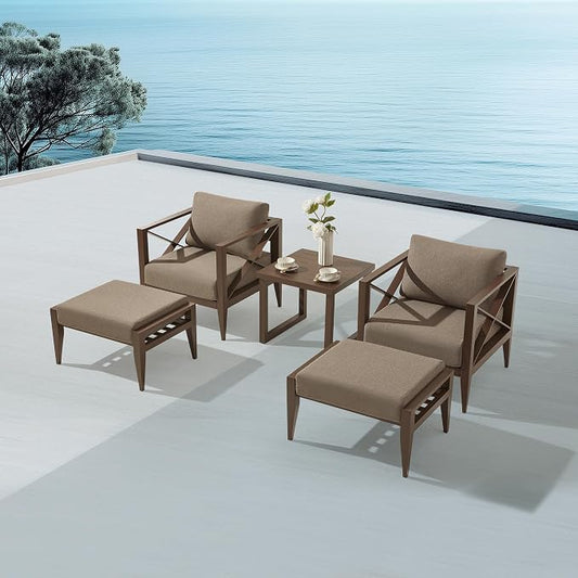 2-Seat Aluminum Patio Furniture Set with Ottomans & Coffee Table, Oversized Outdoor Conversation Set, Weather-Resistant for Backyard, Deck, Balcony – Brown