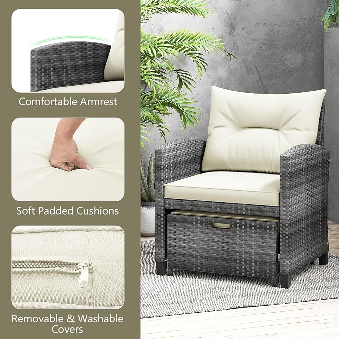 ORALNER 5 Pieces Patio Furniture Set with Ottoman, Wicker Conversation Set w/Cushions, Glass Coffee Table, Outdoor Lounger Rattan Chairs Bistro Set for Porch Balcony Garden Deck Poolside (White)
