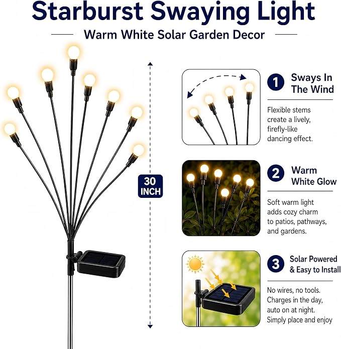 TONULAX Solar Garden Lights - Upgraded Solar Swaying Light, Sway by Wind, Outdoor Lights, Yard Patio Pathway Decoration, High Flexibility Iron Wire & Heavy Bulb Base, Warm White(10 Pack)