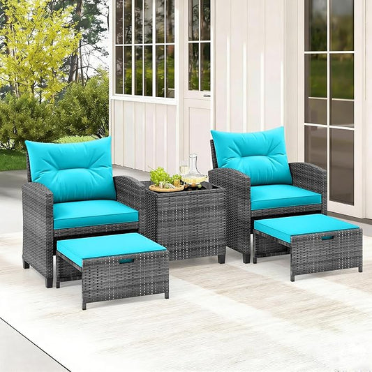 COSTWAY 5-Piece Rattan Conversation Set, Outdoor Wicker Sofa, Tempered Glass Coffee Table & Ottomans for Small Space, Boho Chic Indoor/Outdoor Furniture Set for Poolside, Backyard, Deck (Turquoise)