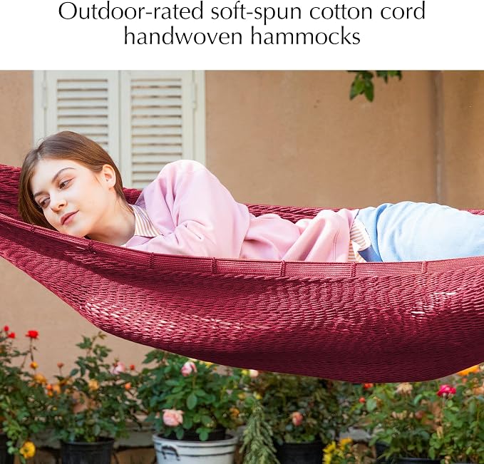 PNAEUT Handwoven Mayan Hammock, Thick Soft Rope Double Hammock for Outdoor Outside & Indoor, 600 lbs Capacity Heavy-Duty, Includes Tree Straps, Carabiners & Carrying Bag (Burgundy Fiesta Red, X-Large)