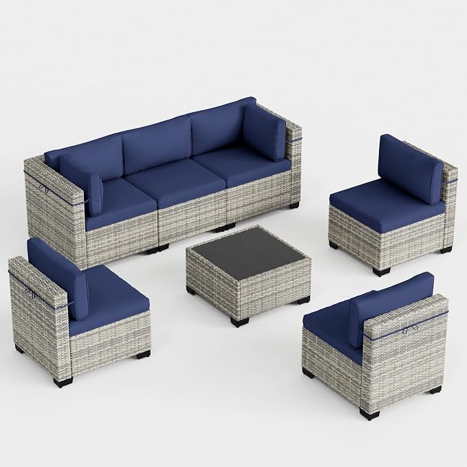 7-Piece Outdoor Patio Furniture Set, PE Wicker Rattan Sectional Sofa Conversation Set with Tempered Glass Table & Thick Cushions - All-Weather Garden, Backyard Furniture, Navy Blue