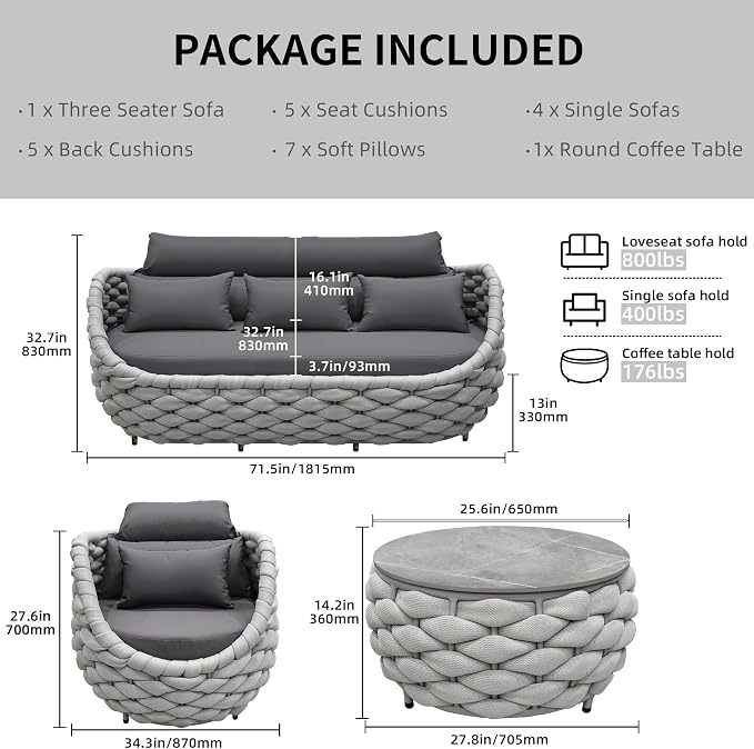 TWT 6-Piece Aluminum Patio Furniture Set, Modern Outdoor Conversation Set Sectional Sofa with Water Repellent Thick Cushions and Coffee Table for Balcony, Garden