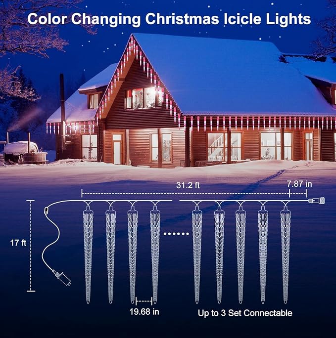 Brightown Color Changing Icicle Lights Outdoor 32.8FT 20 Tubes 100 LED Smart Christmas Lights, 39 Color Modes Waterproof Connectable Icicle Indoor Decoration for Tree Patio Roof Holiday, Smart