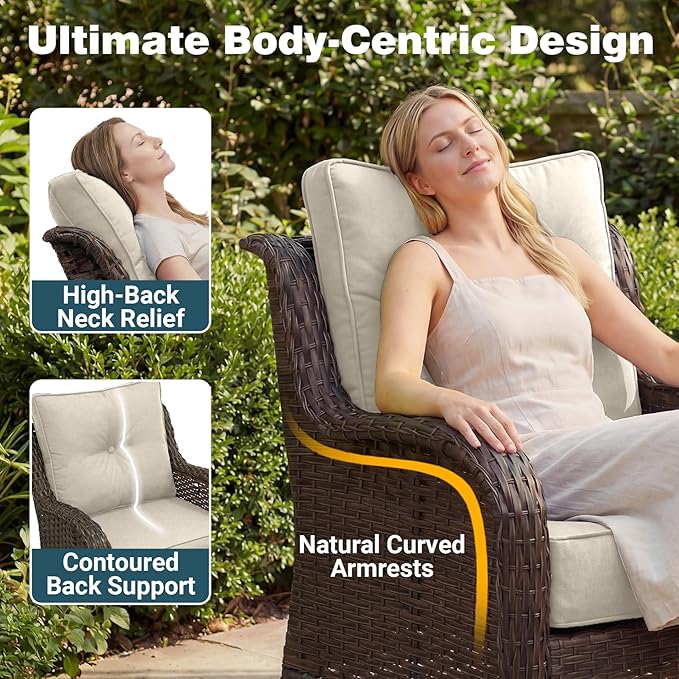 Luxury Patio Conversation Set, 3-Piece Ergonomic High Back Wicker Swivel Chair Set with 6-Inch Deep Seating Cushions, Large Patio Furniture Set for Garden, Deck & Balcony, Beige