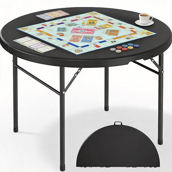 DWVO 48 Inch Folding Table for Outdoor/Indoor, Round Folding Table w/Sturdy Metal Frame, Lightweight Yet Thick Table Top Ideal for Patio Backyard Dining Room Events, Black