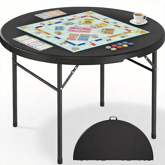DWVO 48 Inch Folding Table for Outdoor/Indoor, Round Folding Table w/Sturdy Metal Frame, Lightweight Yet Thick Table Top Ideal for Patio Backyard Dining Room Events, Black