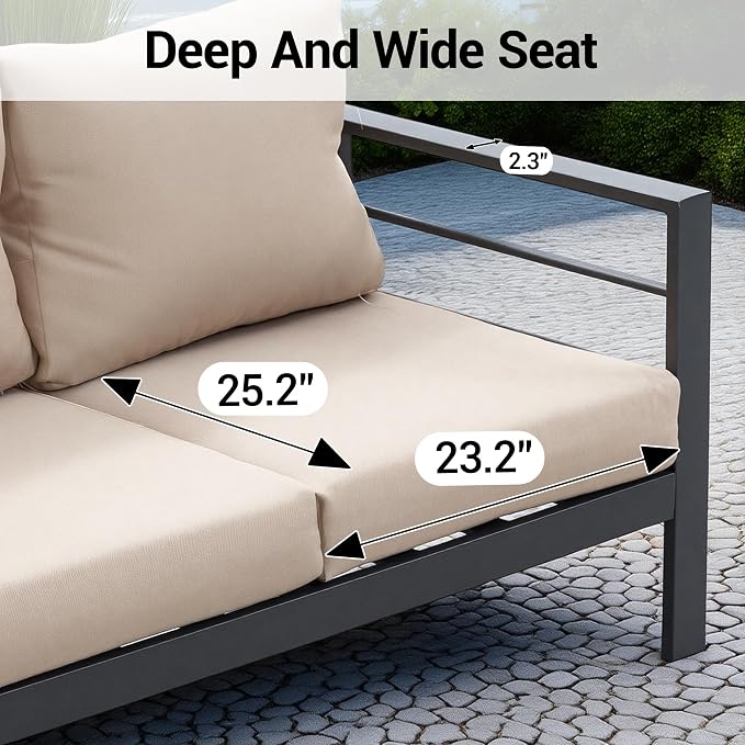 4 Piece Heavy Duty Metal Patio Furniture Set, Outdoor Conversation Set w/High Weight Capacity, All-Weather Classic Iron Sofa with Coffee Table & Washable Thick Cushions for Deck, Porch, Beige