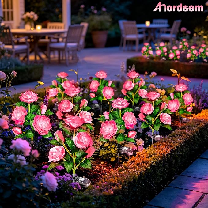 Anordsem Solar Garden Lights Outdoor: 10 Waterproof Fabric Roses 2 Pack - Pink LED Flower Decorations for Yard Patio Path Cemetery Grave - Mother’s Day Gift for Her Women Mom Wife
