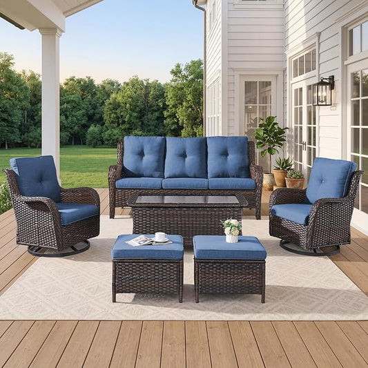 Belord 8 Piece Wicker Patio Furniture Set, Outdoor Swivel Rocker Chairs Set of 4 with Ottomans and Rattan Couch, All Weather Patio Conversation Furniture Set, for Pool,Yard Brown Wicker/Blue