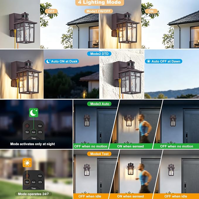 Porch Light with GFCI Outlet with Remote,Dusk to Dawn Motion Sensor Outdoor Light,Upgraded 4 Lighting Modes Brown Front Door Light,Waterproof Outside Lights for House Patio Garage Entryway, 1 Pack