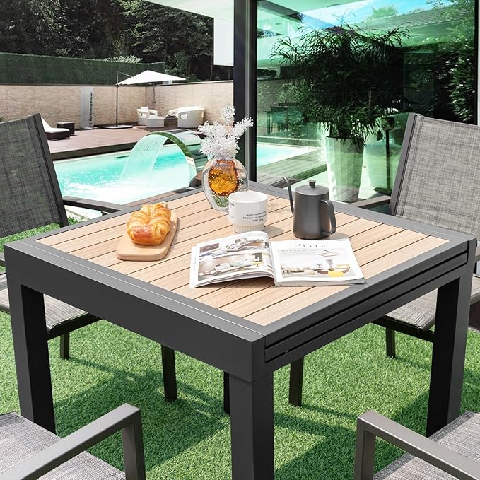 Tangkula 31.5"-63" Extendable Patio Dining Table, Aluminum Outdoor Dining Table for 4-6 People, L-Shaped Brace Included for Fixation, Space-Saving Expandable Table for Garden, Porch, Yard, Poolside