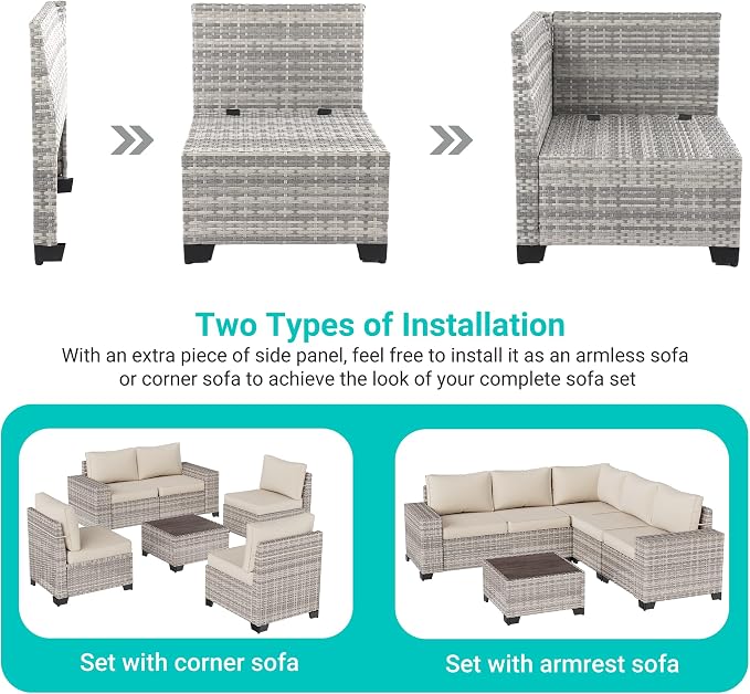 6-Piece Outdoor Patio Furniture Set Wicker Sectional Sofa Set, Patio Conversation Set with Thickened Cushions & Chunky Arms Coffee Table for Garden, Backyard, Poolside, White