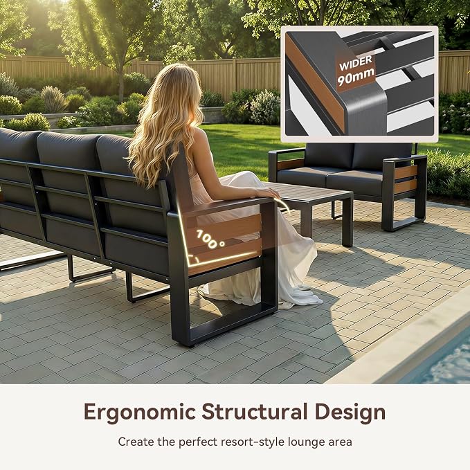 Aoxun Aluminum Patio Furniture Set, 7 Seats Luxury Metal Patio Furniture with Coffee Table, Thick Cushions and Waterproof Cover, Modern Outside Sectional Set for Backyard/Garden/Poolside, Dark Grey