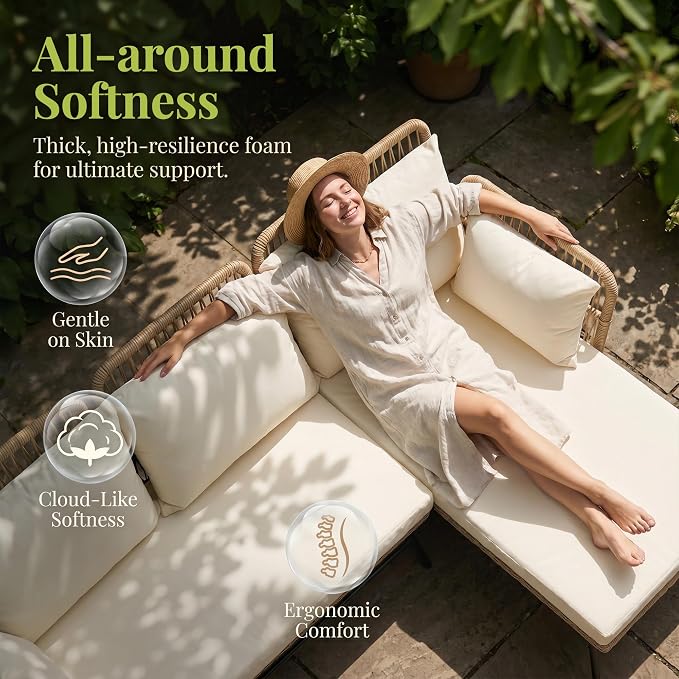 RADIATA 5 Pieces Outdoor Patio Boho Furniture Set, High Back Wicker Conversation Set with Side Table, Sturdy Rattan Sofa and Chair for Balcony Porch Deck Garden, Beige