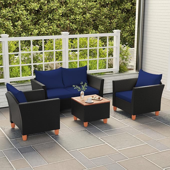 Tangkula 4 Piece Outdoor Conversation Set, Patio Cushioned Chairs w/Storage Coffee Table, Acacia Wood Tabletop & Chair Legs, Patio Wicker Furniture Set for Poolside, Lawn, Porch (1, Navy)