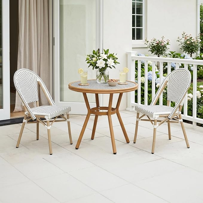 PURPLE LEAF 3-Piece French Bistro Dining Set Round Outdoor Patio Table and 2 Armless Chairs Tempered Glass Top PE Rattan Champagne Print Finish Aluminum Frame White