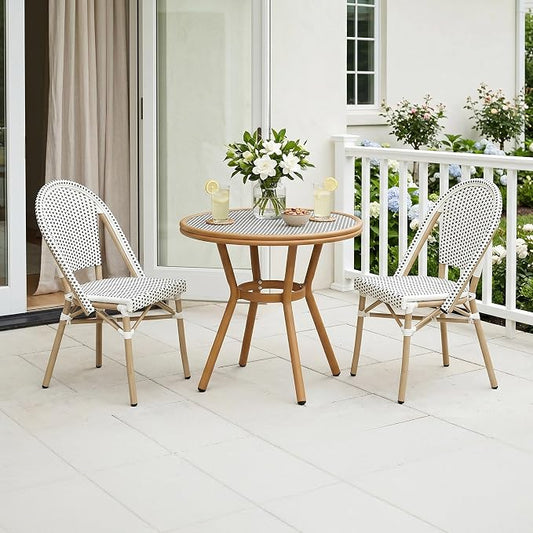 PURPLE LEAF 3-Piece French Bistro Dining Set Round Outdoor Patio Table and 2 Armless Chairs Tempered Glass Top PE Rattan Champagne Print Finish Aluminum Frame White