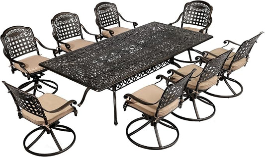 TITIMO 9-Piece Cast Aluminum Patio Furniture Set, Outdoor Patio Dining Set Bistro Conversation Set, Rectangular Dining Table Set w/Cushions Umbrella Hole (Khaki-Swivel Grid Chair, 9 Pcs)