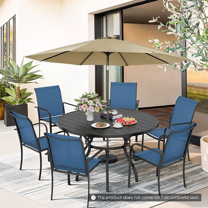 7-Piece Patio Dining Set with Umbrella,6 Person Outdoor Table and Chairs Set, 6 Metal Dining Chairs and Round Outdoor Table with 1.57" Umbrella Hole,Blue