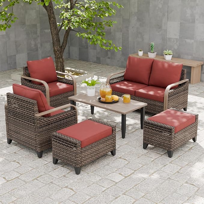 EAGLE PEAK Modern Wicker Outdoor Patio Furniture Set, Patio Conversation Set, 2 Chairs, 2-Seat Loveseat, 2 Ottomans and Coffee Table, 6 Pieces, Brown/Red