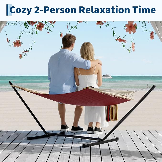 Double Quilted Hammock with Wooden Spreader Bar, 2 Person for Outdoor Without Stand, Patio Backyard Poolside, Red-Yellow Stripe