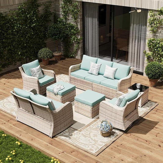 MEISSALIVVE 7 Pieces Patio Furniture Set with Swivel Chair, Wicker Patio Sofa, Rattan Conversation Set with Three-seat Sofa, 2 Ottomans and Loveseat for Lawn Backyard (Blue)