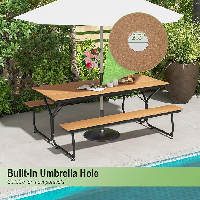 Tangkula 6 Ft HDPE Picnic Table, Plastic Picnic Table with 2 Benches, Umbrella Hole, Heavy-Duty Metal Frame, 8 Adjustable Foot Pads, 6-8 Person Outside Table Bench Set, 2550 lbs Capacity