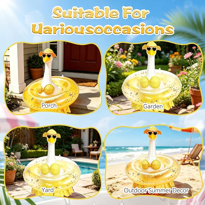 Hawaiian Porch Goose Outfit, Summer Bikini Costume with Sunglasses & Wreath, Fits 23" Goose Statue, Garden Lawn Patio Yard Outdoor Decoration (Yellow)