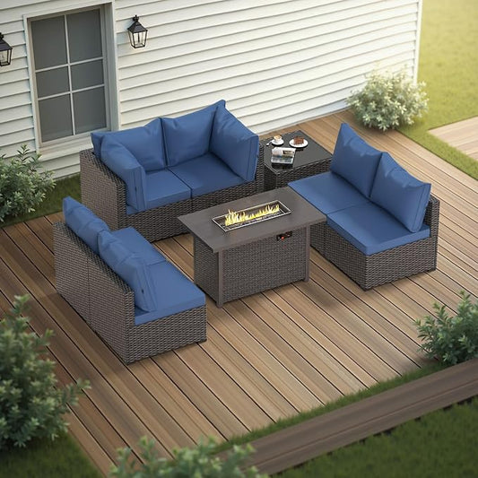 Patio Furniture Set with Fire Pit Table, 8PCS Outdoor Conversation Sets Waterproof Rattan Sectional Sofa with 4” Thickened Cushion Modular Wicker Patio Furniture Set with Glass Top Table (Blue)
