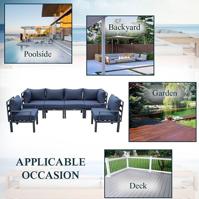 LeisureMod 6-Piece Patio Sectional Set in Black Aluminum with Removable Blue Cushions for Patio and Backyard Garden