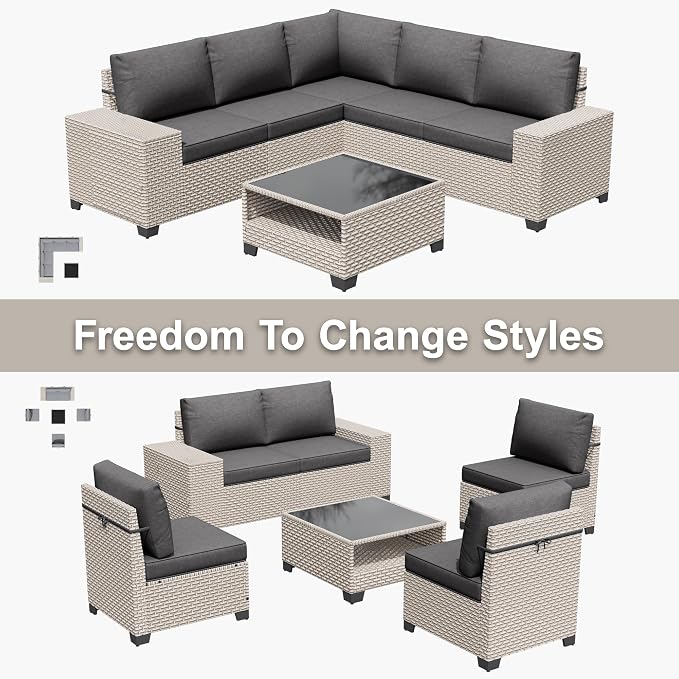 6-Piece Outdoor Patio Furniture Set, Modular Sectional Sofa Set with Glass Coffee Table and Cushions, Wicker Outdoor Couch Conversation Sets, Black