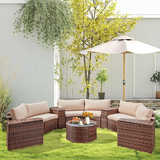 ECOTOUGE Outdoor Patio Furniture, 11-Piece Half-Moon Sectional Patio Furniture Set Curved Sofa with Tempered Glass Round Coffee Table, Fit for Pool Backyard Balcony Porch Lawn(Beige/Brown)