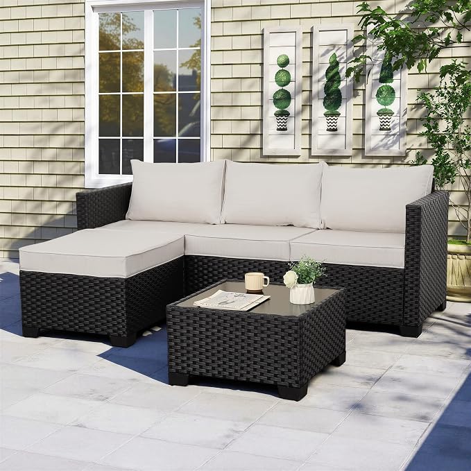 Rattaner Outdoor Furniture Set 3 Pieces Wicker Patio Furniture Outdoor Sectional Patio Couch Outdoor Coffee Table All-Weather Non-Slip Cushions Waterproof Covers, Khaki