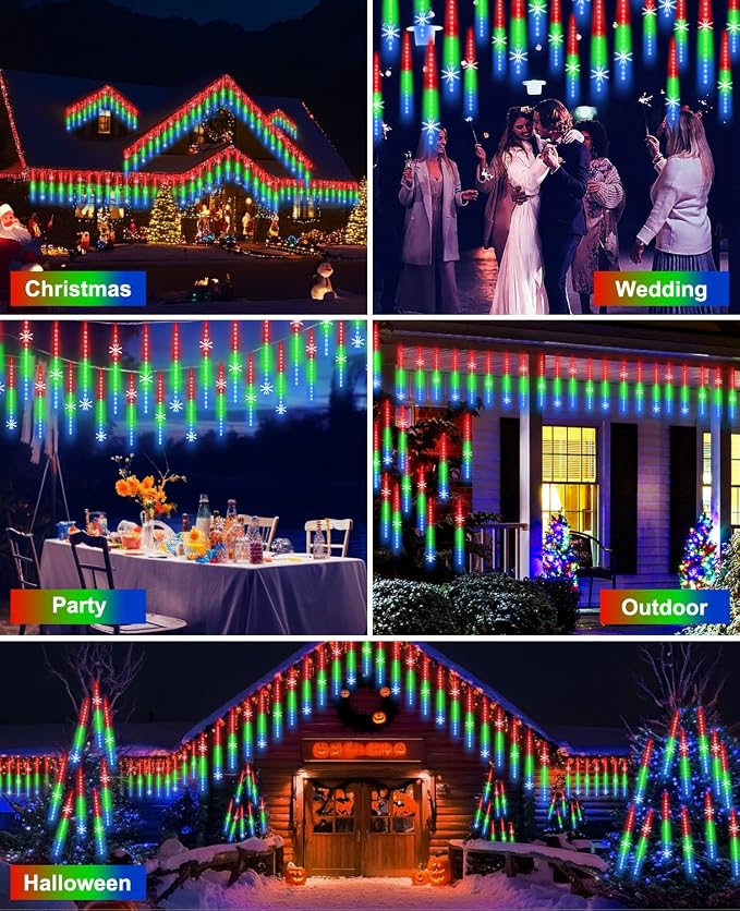 Meteor Shower Lights UL Certified 1080 LEDs 20 Tubes Falling Rain Drop Ramadan Lights Cascading Lights for Xmas Tree Halloween Decorations Wedding Party Holiday Garden Decor, Multicolor