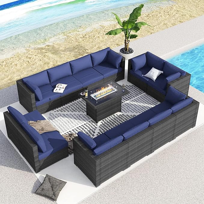 BULEXYARD 13 Piece High Back Patio Furniture Sets with Firepit, Luxury Outdoor Seating Sectional Couch 12-Person Modular, Comfortable Extra Large Wide Deep Backyard Conversation Sofa Set, Grey & Blue
