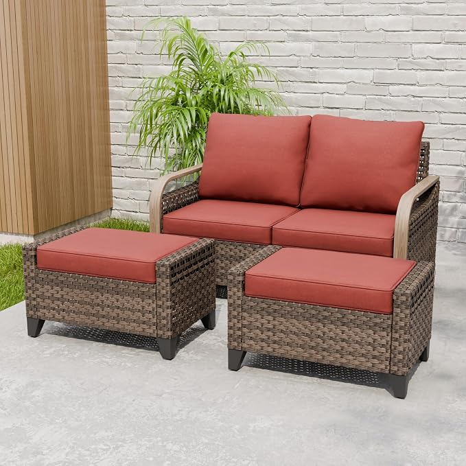 EAGLE PEAK Modern Wicker Outdoor Patio Furniture Set, Patio Conversation Set, a 2-Seat Loveseat and 2 Ottomans, 3 Pieces, Brown/Red