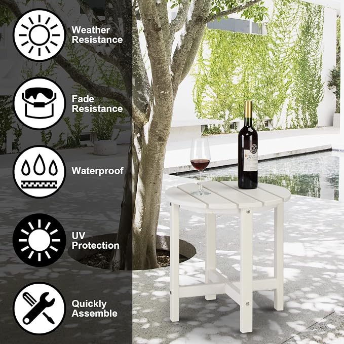 Vasitelan Patio Adirondack Side Table, Double Outdoor Side Table, Poly Lumber end Table, Weather Resistant for Indoor, Patio, Pool, Porch (White)