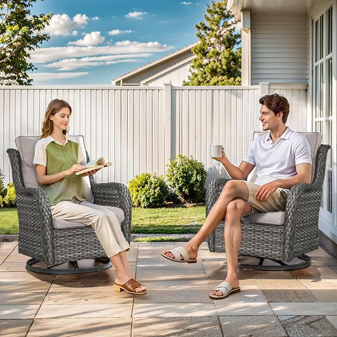 Outdoor Swivel Rocker Patio Chairs Set of 4 with Fire Table - 5" Thick Cushion 6 Piece Furniture Set with Fire Pit Table All Weather Wicker Conversation Set for Porch Deck - Gray/Beige