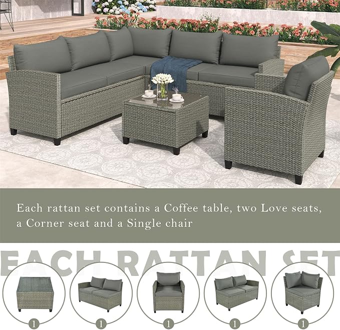 Outdoor Patio Furniture Set, 5 Piece Conversation Set, Wicker Furniture, Sofa Set, Rattan Chairs, Garden, Backyard, Balcony, Porch, Loveseat by PIS