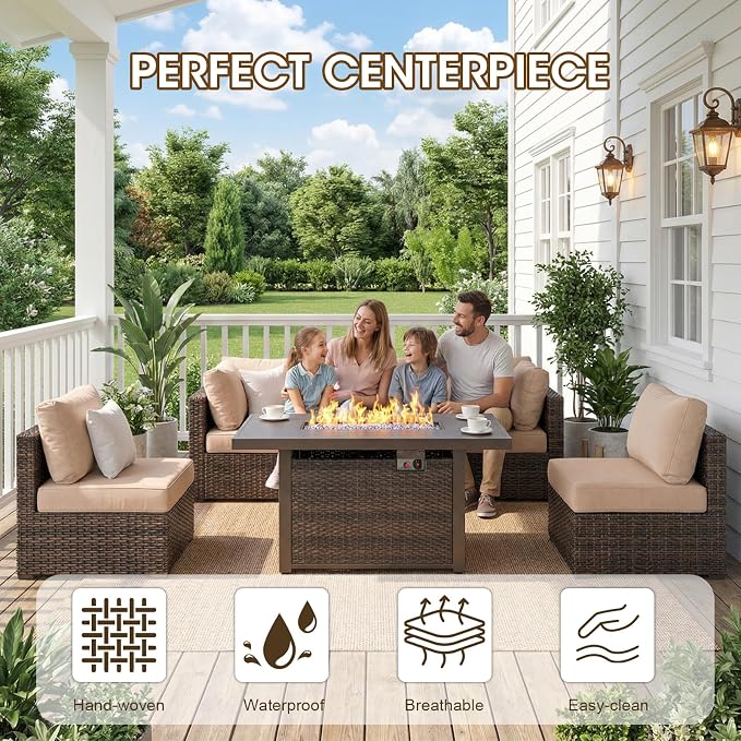 Grezone 7 Piece Patio Furniture Set with 44" Fire Pit Table, Outdoor Sectional Couch, PE Rattan Patio Conversation Sets with 4inch Cushions for Backyard Beige