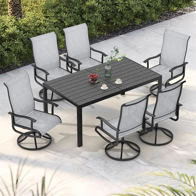 PIZZELLO 7-Piece Outdoor Patio Dining Set with 6 Swivel Patio Chairs and 59"x 35" Rectangular Dining Table, All Weather Patio Dining Furniture Set for Backyard, Garden, Deck and Poolside