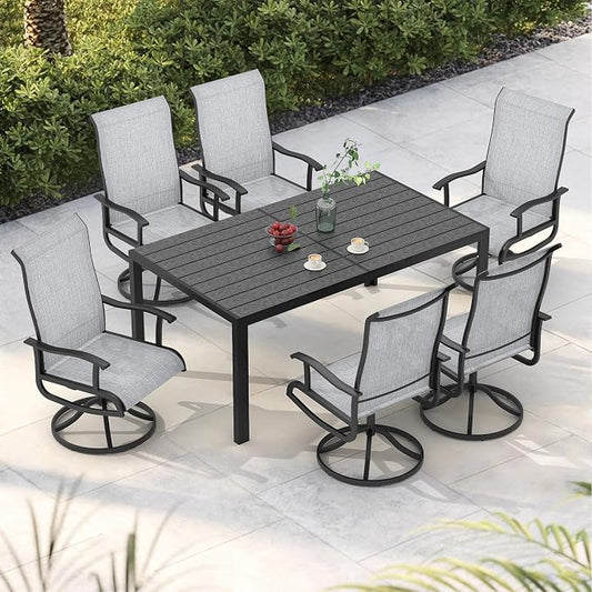 PIZZELLO 7-Piece Outdoor Patio Dining Set with 6 Swivel Patio Chairs and 59"x 35" Rectangular Dining Table, All Weather Patio Dining Furniture Set for Backyard, Garden, Deck and Poolside